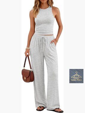 2 Piece Lounge Set Tank Top Wide Leg Pants Pockets